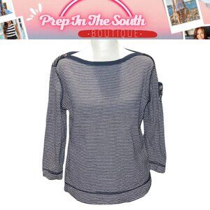 LRL Ralph Lauren Navy Striped Boat Neck Top MEDIUM